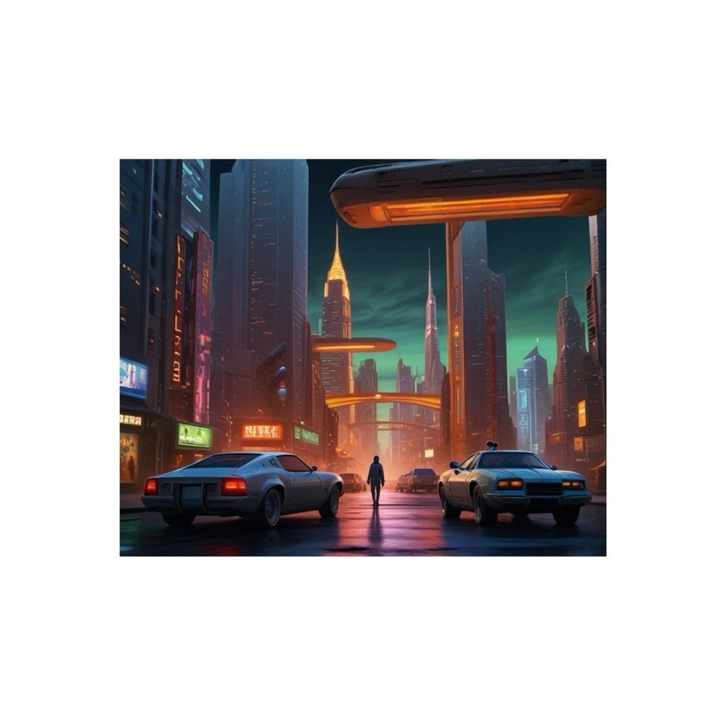 HANDCRAFTED digital art print poster Futuristic Cityscape with Cars Art Print